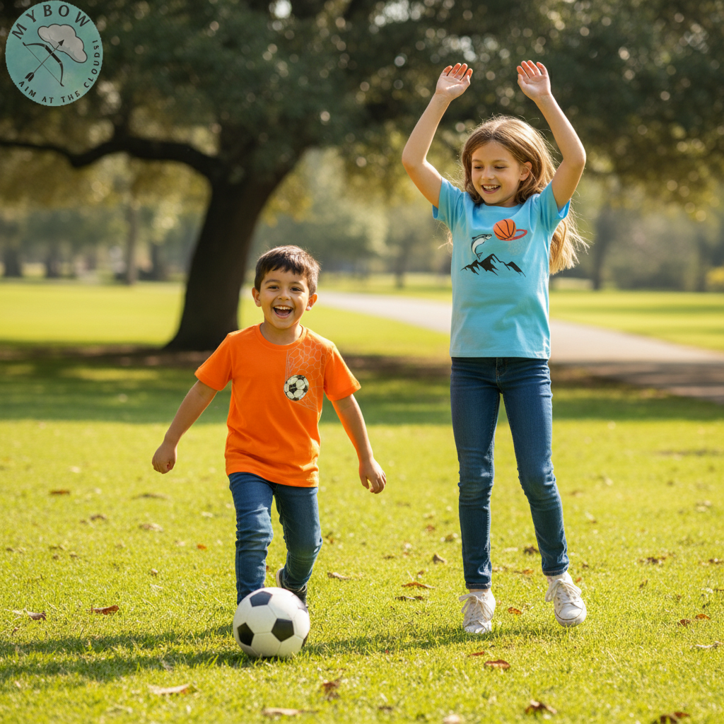 My Bow Sporty Vibes Combo T-Shirt for Boys, Cotton, Short Sleeve, Soccer Ball and Basketball Design, Set of 2, Blue and Orange (Ages 4-14 Years)