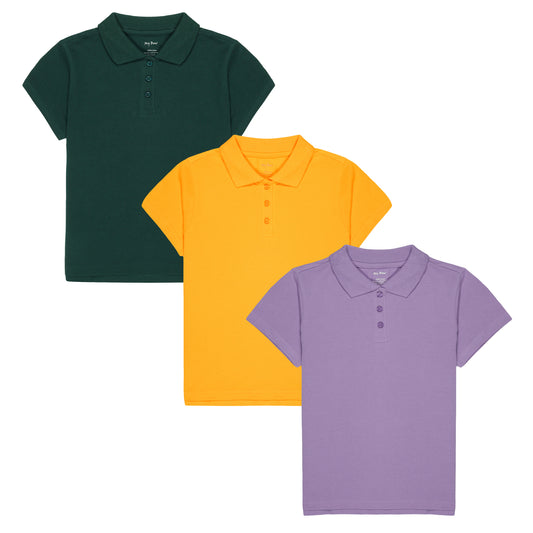 My Bow School Uniform Pique Girls Polo T-Shirt Short Sleeve 100% Cotton, Set of 3 - Green, Yellow ,Purple (US, Age 4 -14 Years))
