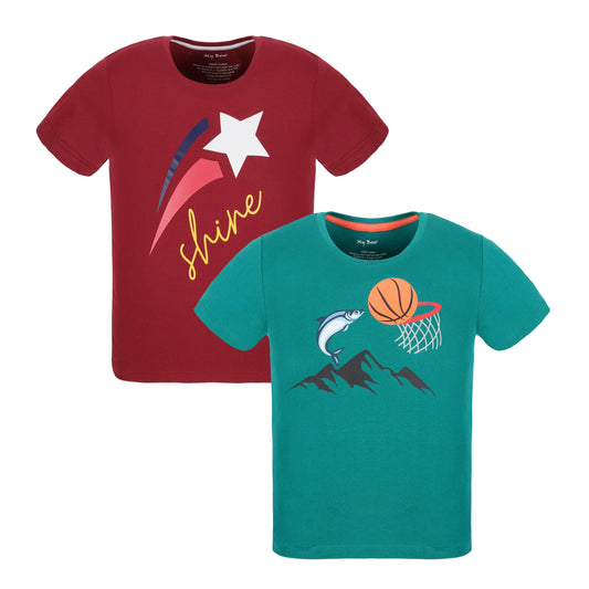 My Bow Boys Sports, Patriotic T Shirt, Cotton, Basketball Design and American Flag Theme, Dark Cyan, Dark Red, Short sleeve, Combo (Ages 4-14 Years)