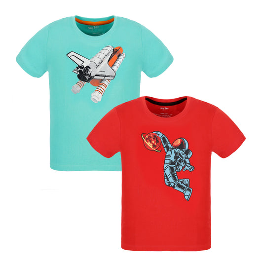 My Bow Boys Space Rocket Science T Shirt, Cotton, Atlantis NASA and Astronaut Design, Blue and Red color, Short sleeve, Combo (Ages 4-14 Years)