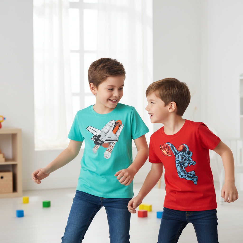My Bow Boys Space Rocket Science T Shirt, Cotton, Atlantis NASA and Astronaut Design, Blue and Red color, Short sleeve, Combo (Ages 4-14 Years)