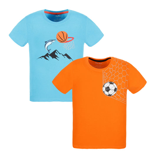 My Bow Sporty Vibes Combo T-Shirt for Boys, Cotton, Short Sleeve, Soccer Ball and Basketball Design, Set of 2, Blue and Orange (Ages 4-14 Years)