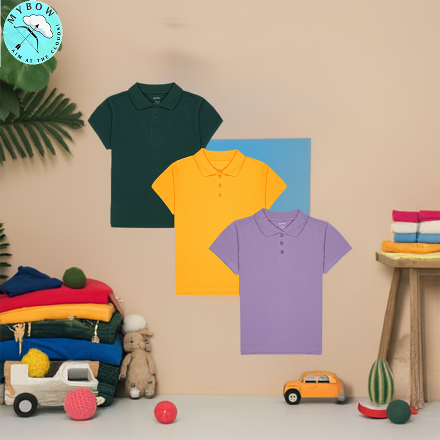 My Bow School Uniform Pique Girls Polo T-Shirt Short Sleeve 100% Cotton, Set of 3 - Green, Yellow ,Purple (US, Age 4 -14 Years))
