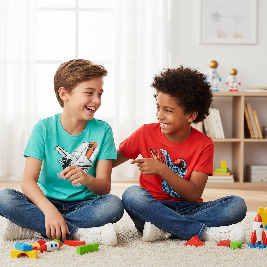 My Bow Boys Space Rocket Science T Shirt, Cotton, Atlantis NASA and Astronaut Design, Blue and Red color, Short sleeve, Combo (Ages 4-14 Years)