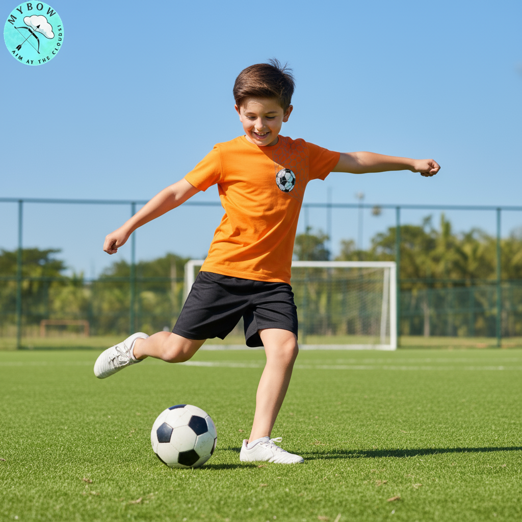 My Bow Sporty Vibes Combo T-Shirt for Boys, Cotton, Short Sleeve, Soccer Ball and Basketball Design, Set of 2, Blue and Orange (Ages 4-14 Years)