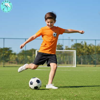 My Bow Sporty Vibes Combo T-Shirt for Boys, Cotton, Short Sleeve, Soccer Ball and Basketball Design, Set of 2, Blue and Orange (Ages 4-14 Years)