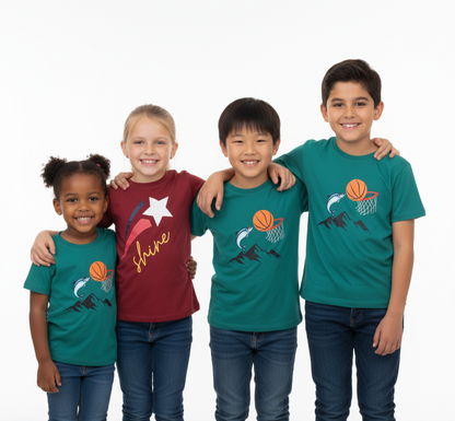 My Bow Boys Sports, Patriotic T Shirt, Cotton, Basketball Design and American Flag Theme, Dark Cyan, Dark Red, Short sleeve, Combo (Ages 4-14 Years)