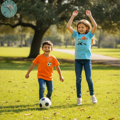 My Bow Sporty Vibes Combo T-Shirt for Boys, Cotton, Short Sleeve, Soccer Ball and Basketball Design, Set of 2, Blue and Orange (Ages 4-14 Years)